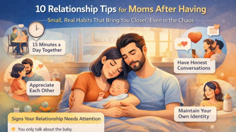 relationship tips fpmomhacks after baby showing couple bonding with newborn and tips like communication, daily time together and emotional connection