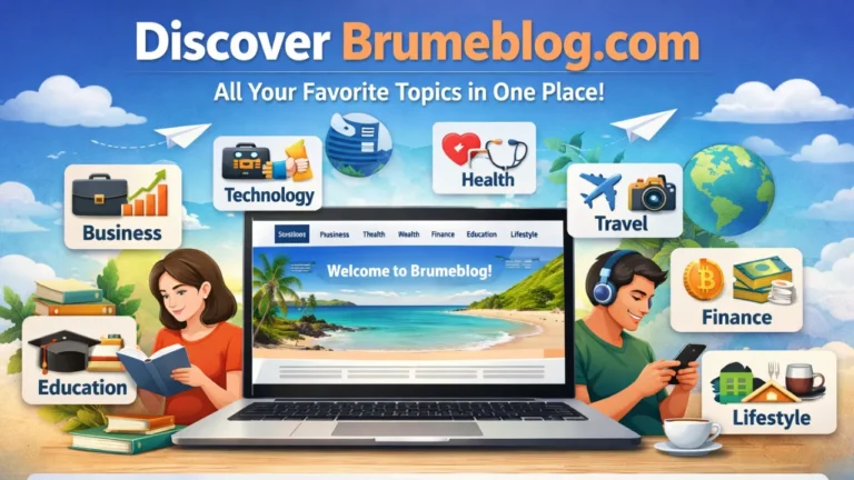Brumeblog.com homepage illustration showing multi-topic blog categories including business, technology, health, travel, finance, education, and lifestyle in a clean and beginner-friendly layout