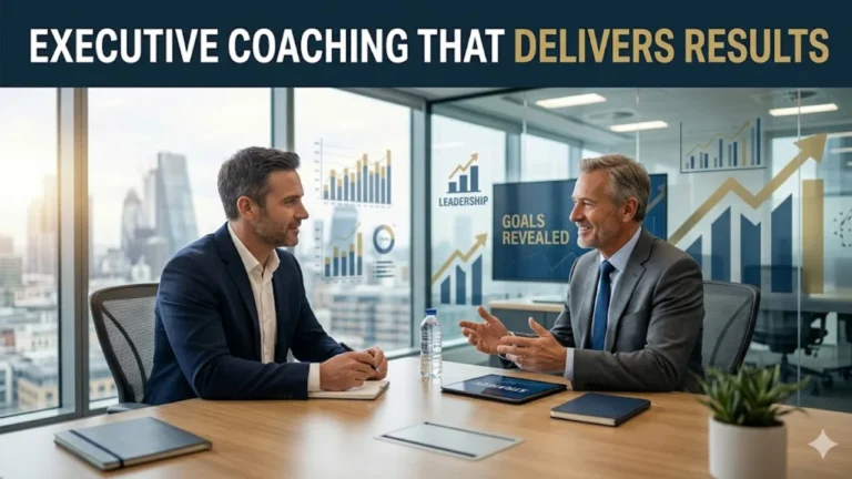 Pedro Paulo Executive Coaching: Premium Leadership Development That Delivers Real Results in 2026. A professional modern glass office with blue and gold branding, featuring a business leader in an executive coaching session. The background shows leadership icons, data charts, and upward growth arrows. Text banner reads: Pedro Paulo Executive Coaching THAT DELIVERS RESULTS.