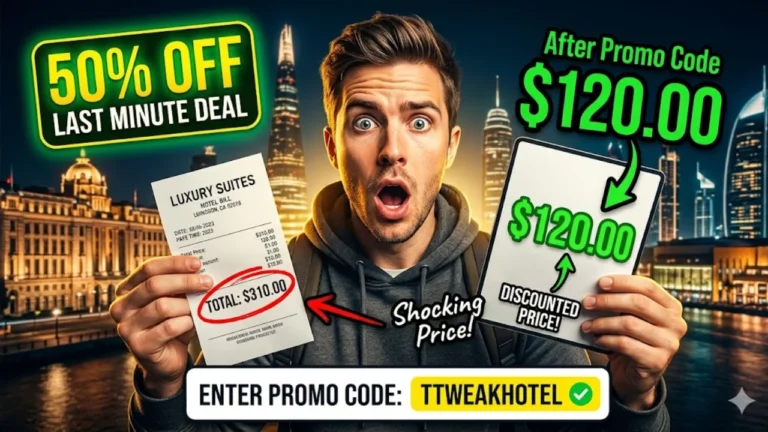 TTweakHotel Discount Code 2026: Unlock Massive Hotel Savings (Save $200+ Per Booking Today!) A shocked male traveler holding a hotel bill of $310 from 'Luxury Suites' next to a discounted price of $120 after using TTweakHotel discount code . The image shows a night skyline of London and Dubai, and a banner promoting a '50% OFF LAST MINUTE DEAL