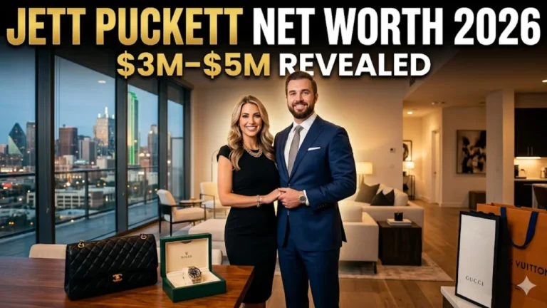 Jett Puckett Net Worth & A well-dressed couple stands in a luxury high-rise apartment with a city skyline at night in the background, alongside a Rolex watch box, a Chanel handbag, and Gucci and Louis Vuitton shopping bags.
