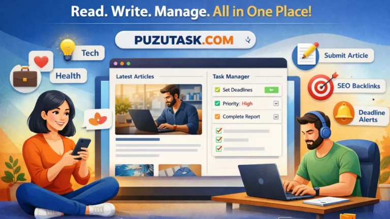 Puzutask com dashboard showing task management tools, multi-niche articles, guest posting and productivity features in a modern workspace illustration
