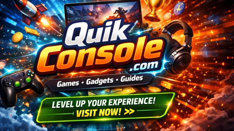 QuikConsole com Review 2026: Browser-Based Productivity Platform & Features. QuikConsole com gaming platform banner featuring games gadgets guides and level up experience call to action