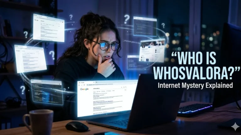 Whosvalora? surprising facts about this powerful platform that every user must know. From hidden features in 2026. A woman with glasses sits at a desk at night, looking intently at a laptop showing Google search results for "whosvalora," surrounded by floating browser windows and question marks in a dark, blue-lit room.