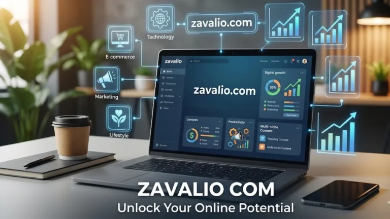 Laptop displaying the Zavalio.com dashboard on a modern workspace, surrounded by icons representing e-commerce, technology, marketing, and lifestyle, illustrating digital growth and content discovery.