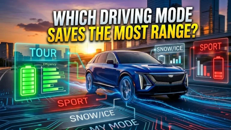Infographic explaining do the driving modes in Cadillac Lyriq offer different ranges or battery usages, comparing Tour, Sport, Snow/Ice, and My Mode efficiency level